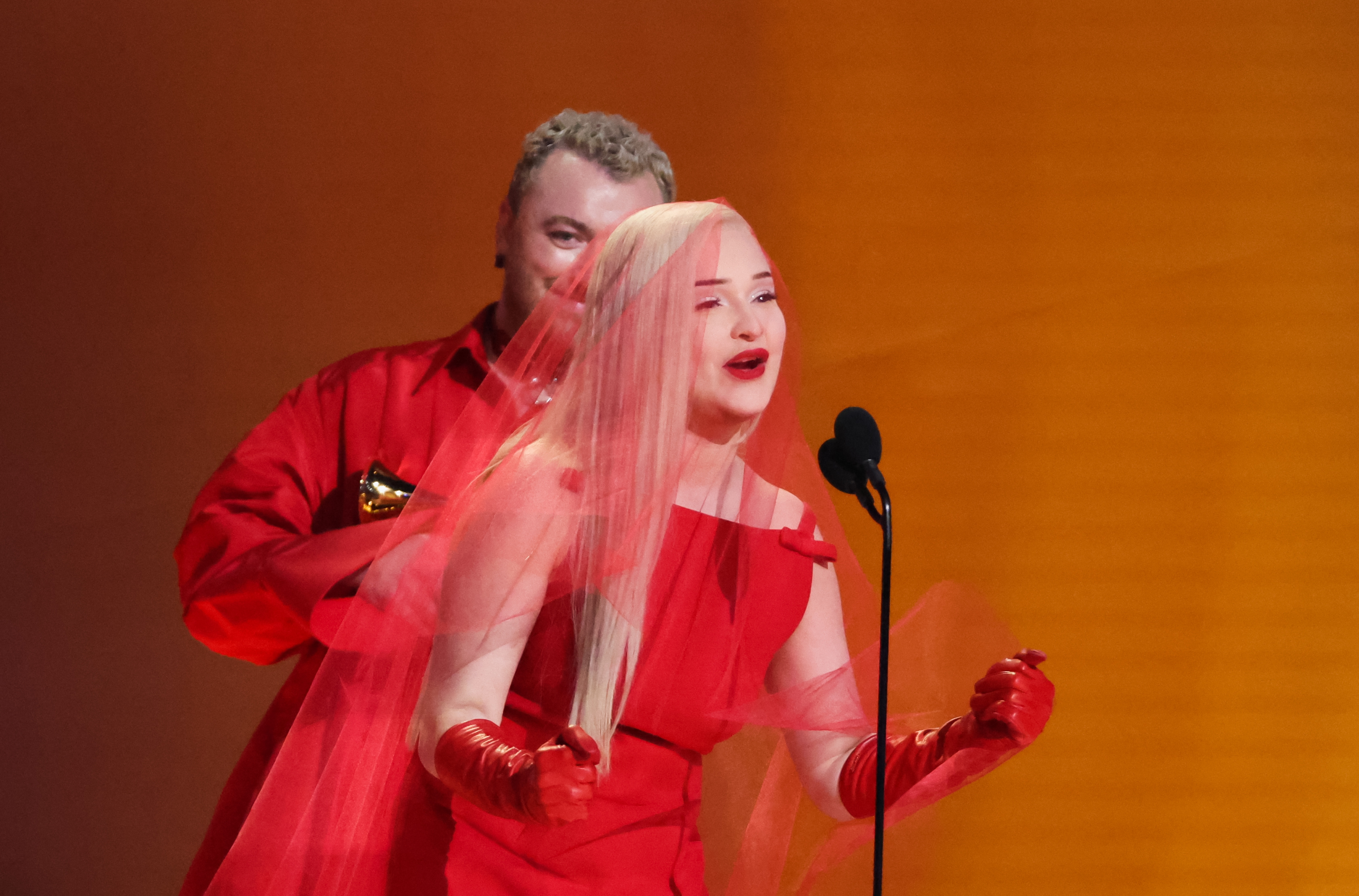 Sam Smith and Kim Petras accept the award for Best Pop Duo/Group Performance for "Unholy" during the 65th Annual Grammy Awards in Los Angeles, California, U.S., February 5, 2023. REUTERS/Mario Anzuoni