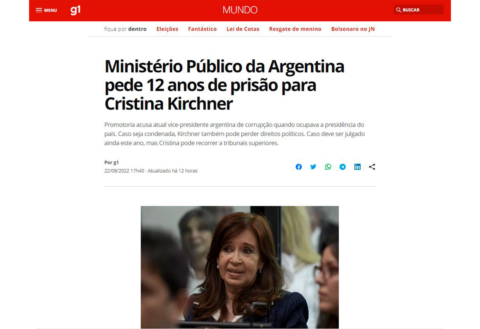 "Ministerio Público de Argentina pide 12 años de prisión para Cristina Kirchner", G1 (Brasil).