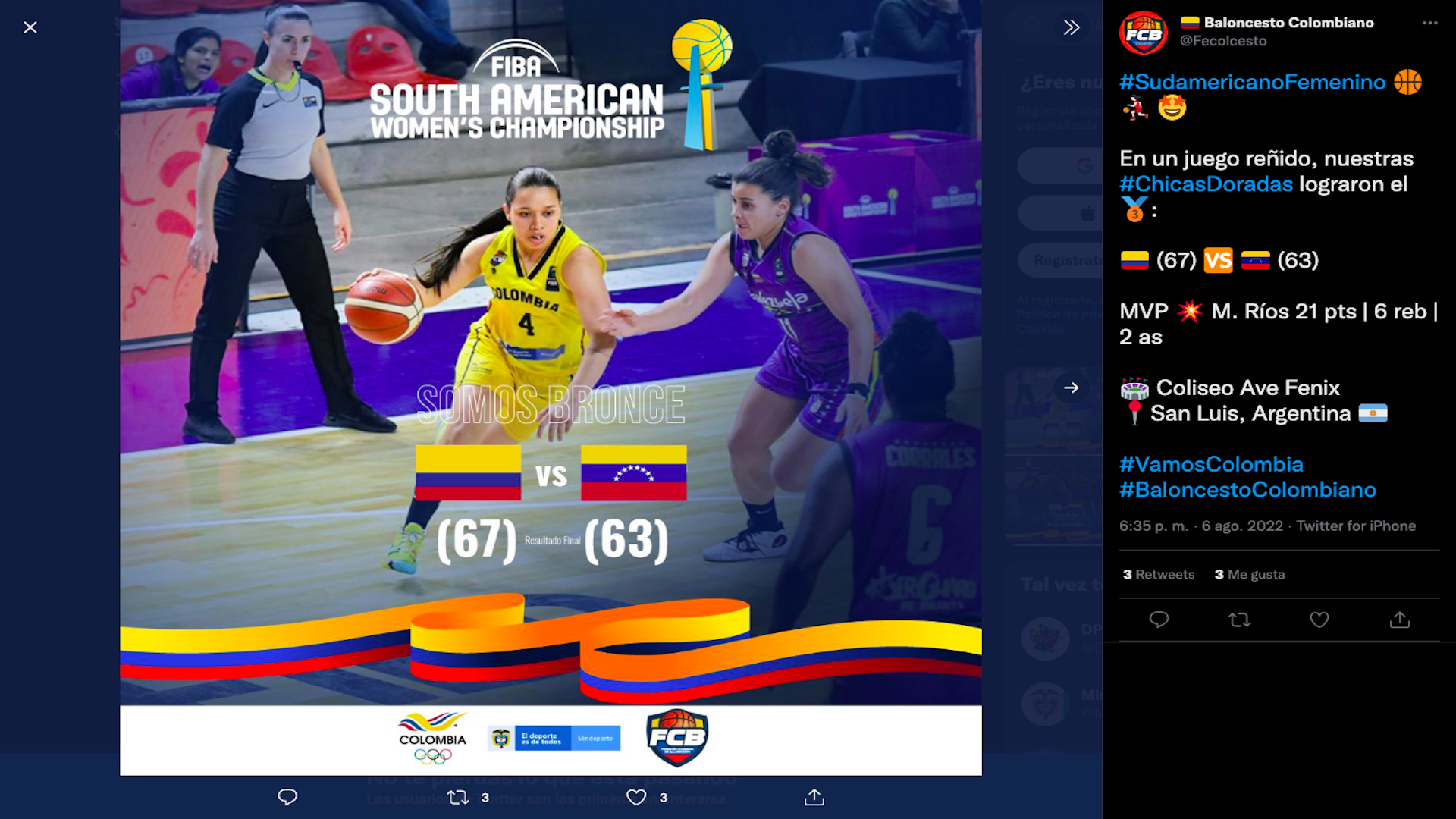 Colombia won the bronze medal at the 2022 South American Women's Basketball Championship / (Twitter: @Fecolcesto)