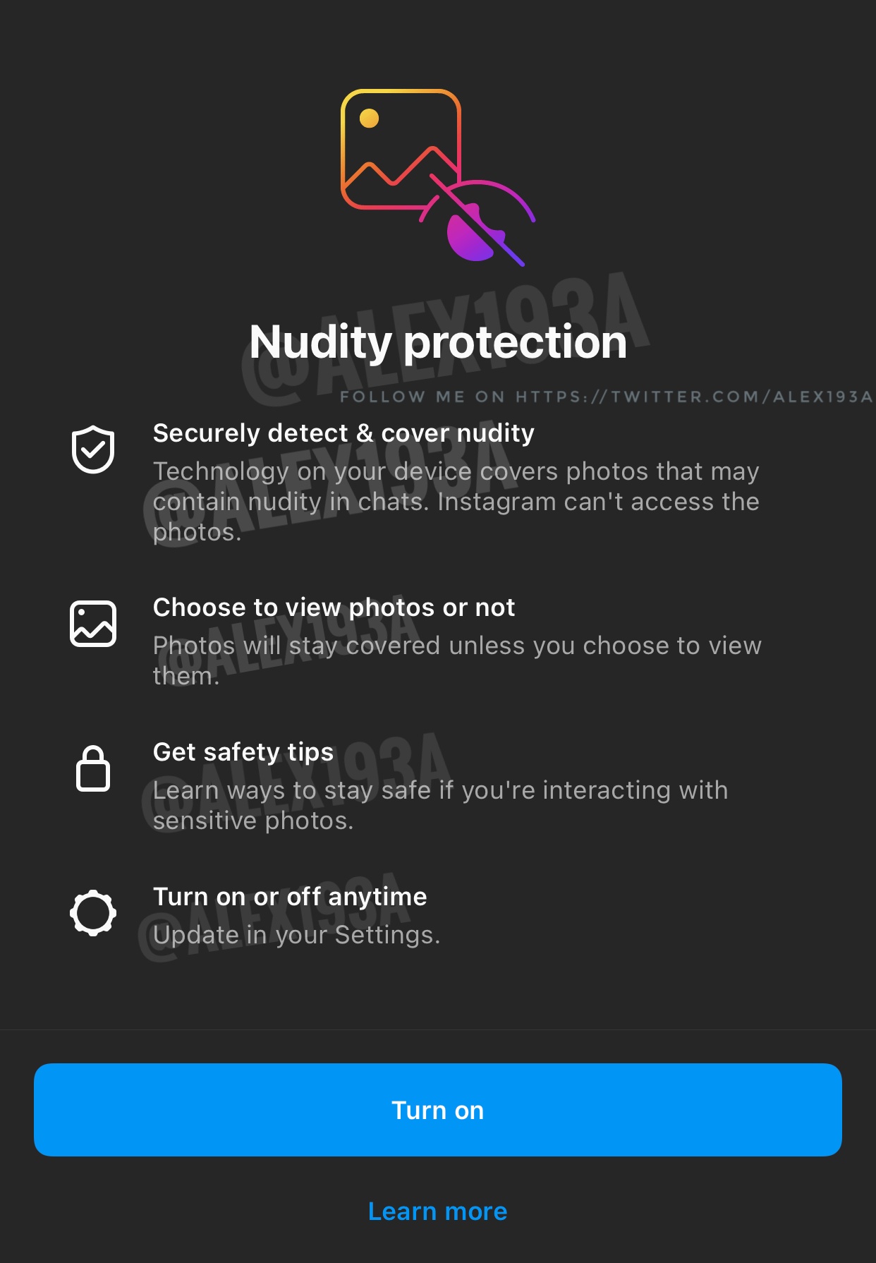 Nueva función de Instagram para evitar mensajes que contengan desnudos (Twitter Alessandro Paluzzi)