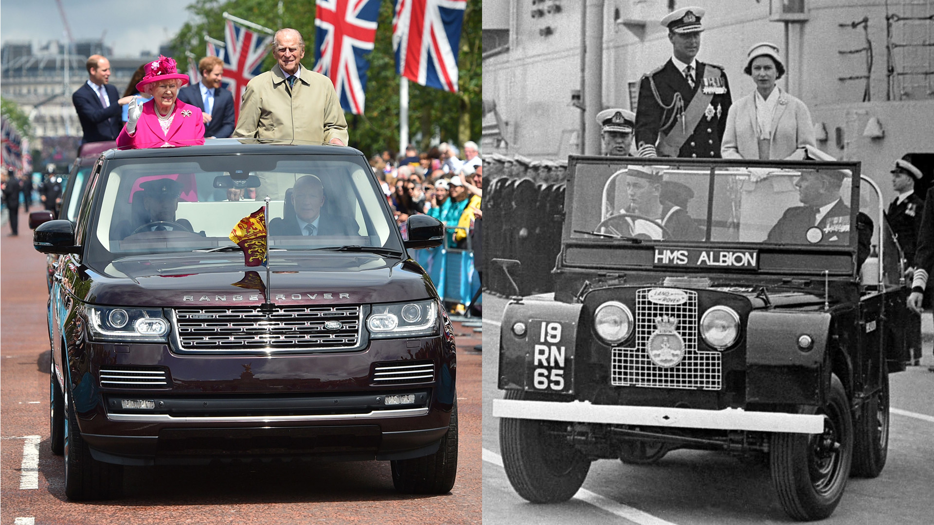 The climax of a reign of 70 years and a common denominator.  Queen Elizabeth II riding a Land Rover car