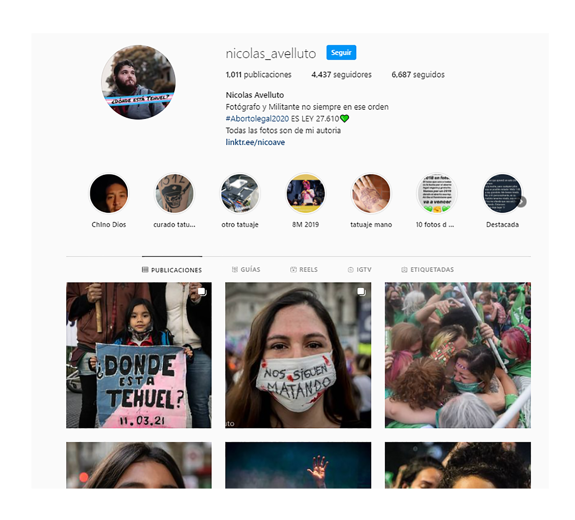 En su cuenta de Instagram, con más de 4000 seguidores, Nicolás había posteado decenas de imágenes propias, la mayoría de ellas en apoyo a la ley de legalización del aborto y en contra de la violencia de género