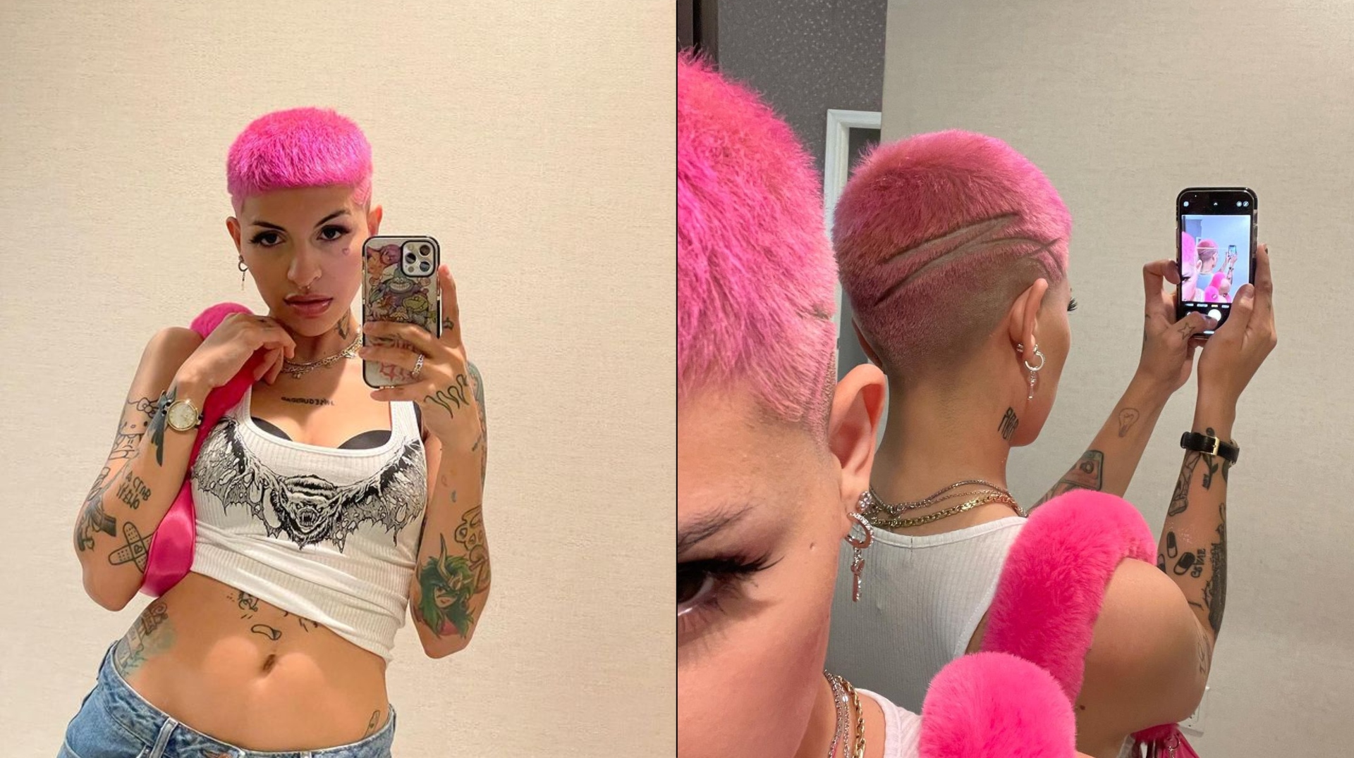 Cazzu tenía el cabello corto y teñido de rosa en agosto de 2021. (Fotos: Instagram/@cazzu)