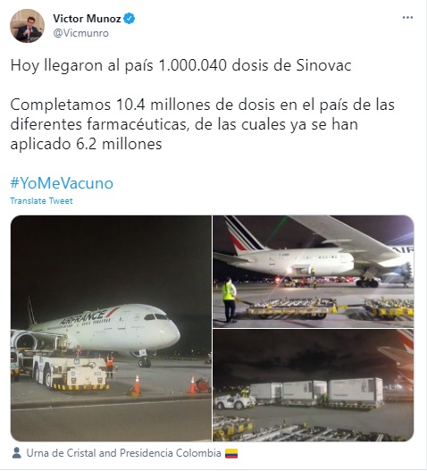Mensaje de Víctor Muñoz, director DAPRE al arribo del nuevo lote SINOVAC para contrarrestar el covid-19 en Colombia