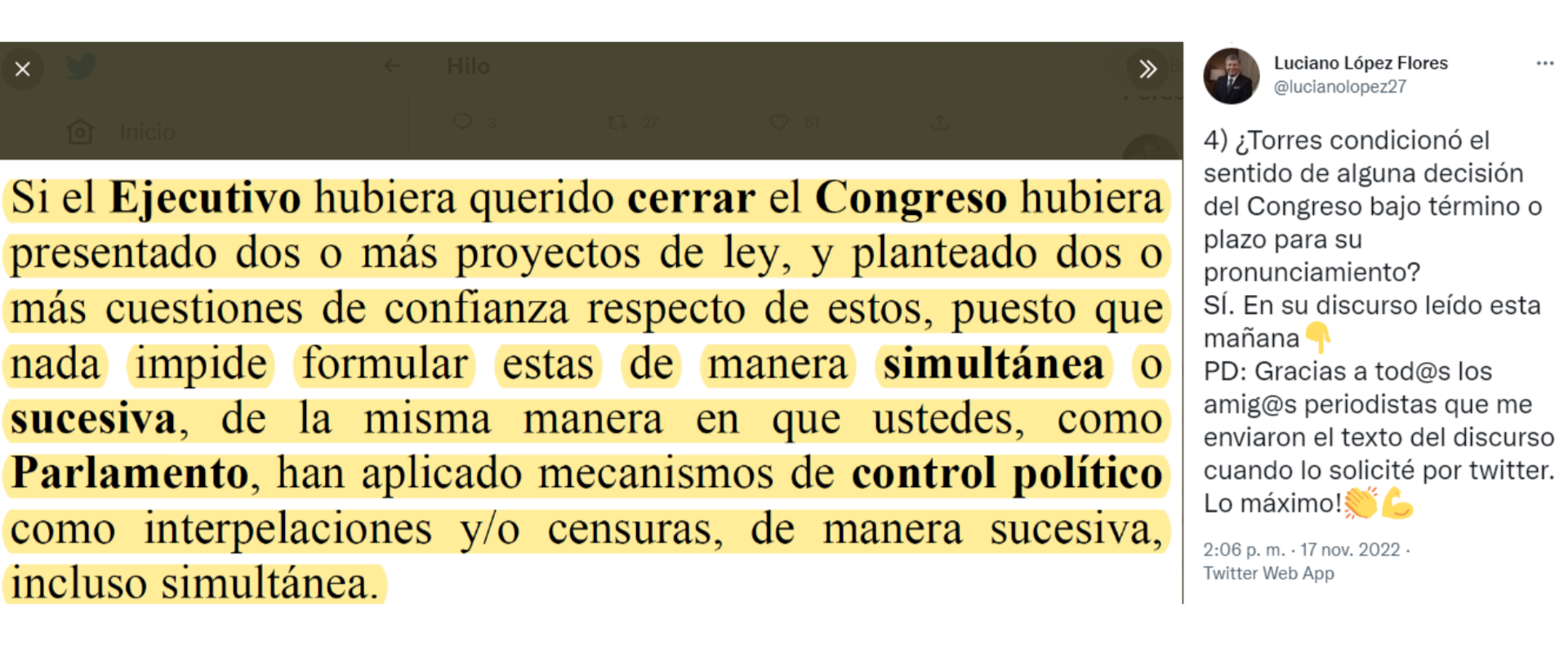 Luciano López, abogado constitucionalista, afirmó que Aníbal Torres condicionó la decisión del Congreso en su discurso. | Foto: Luciano López / Twitter