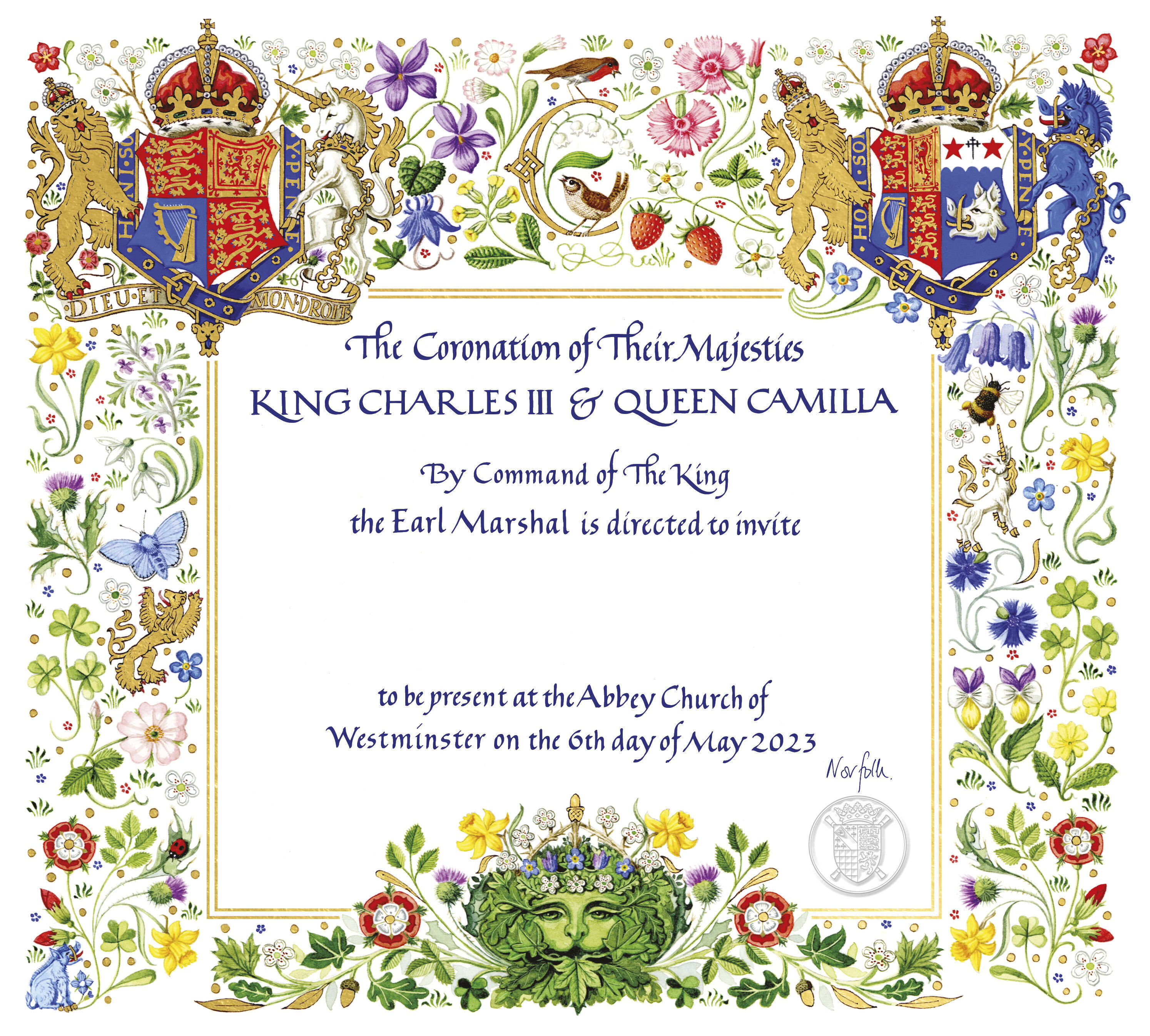 Esta fotografía publicada por el Palacio de Buckingham el martes 4 de abril de 2023 muestra la invitación a la coronación del rey Carlos III en la Abadía de Westminster. Omite la palabra "consorte" para referirse a Camilla y la coloca como "Reina" (Palacio de Buckingham vía AP)