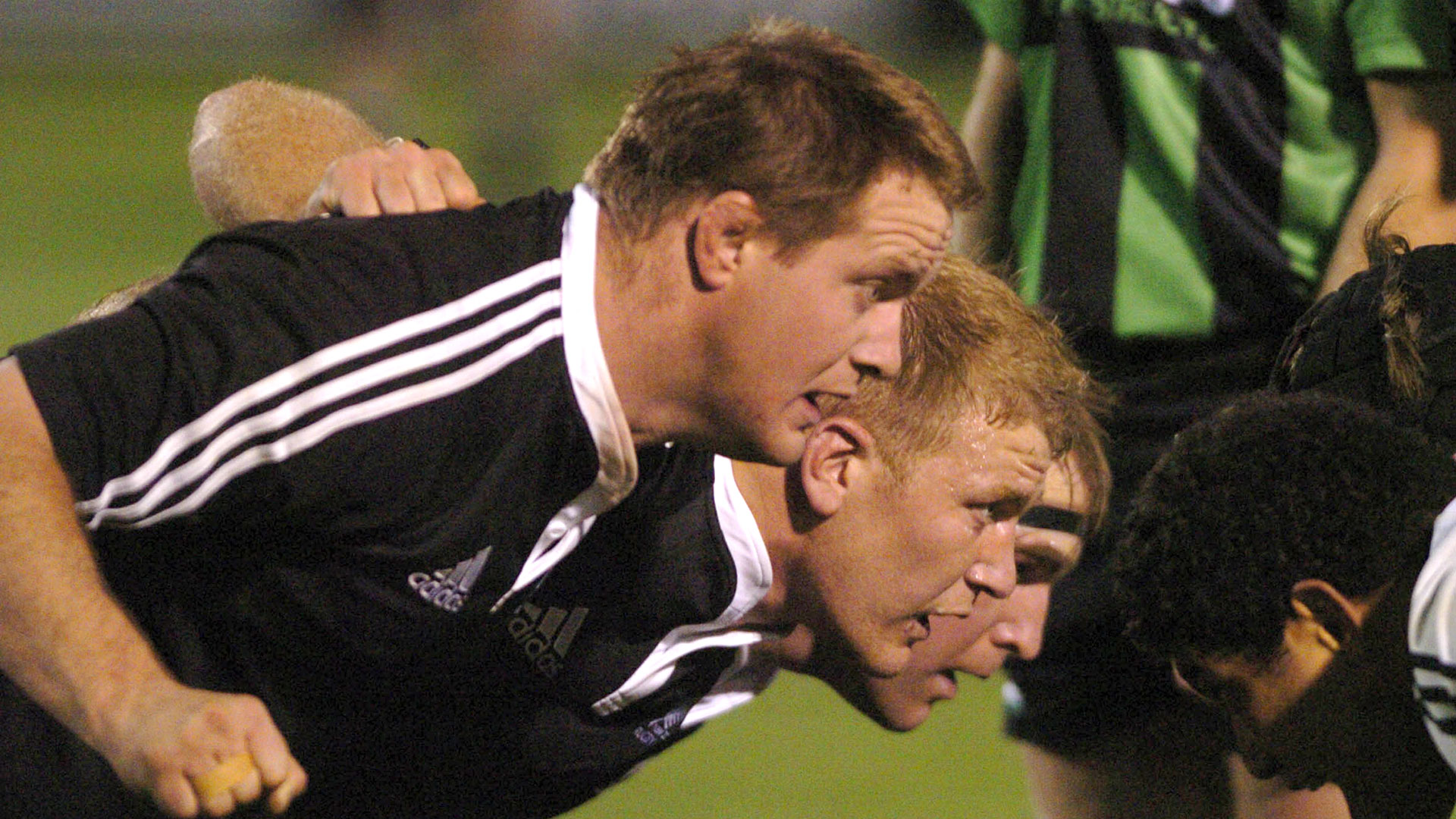 NEW ZEALAND - JUNE 03:  Probables front row Campbell Johnstone (left), Derren Witcombe and Clarke Dermody pack down during the All Black trial won 3732 by the Possibles at McLean Park, Napier New Zealand, Friday June03, 2005.  (Photo by Ross Land/Getty Images)