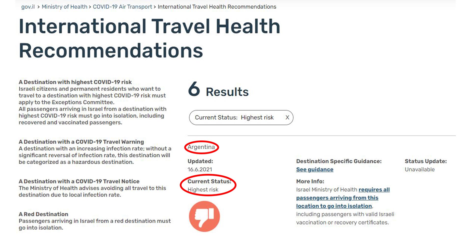 La inclusión de Argentina en la lista de "países de más alto riesgo", en la web oficial del Ministerio de Salud de Israel