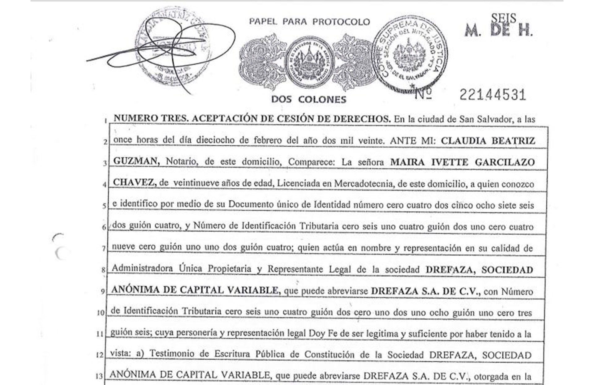 Extracto del documento con el que una notaria salvadoreña vinculada con Alba Petróleos legaliza la cesión de explotación de interés de deuda pública hecha por el banco central de Venezuela a favor de una empresa en El Salvador vinculada a un entramado de lavado de dinero.