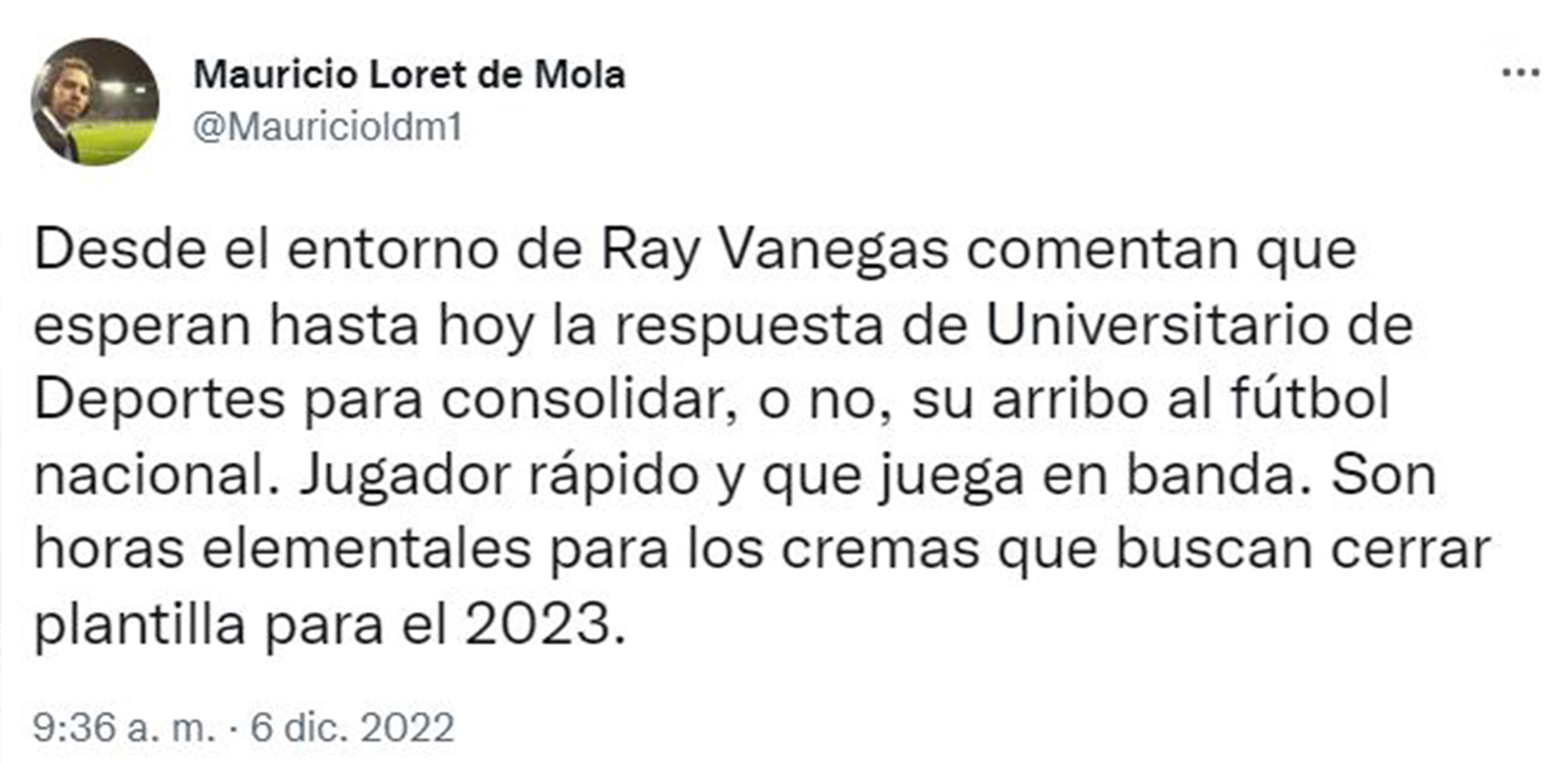 Ray Vanegas aguarda decisión de Universitario, asegura Mauricio Loret de Mola. (Twitter)