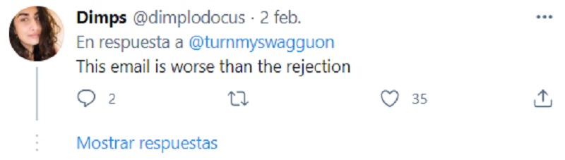 A la escritora el mensaje le disgustó, al igual que a otros usuarios de Twitter: "Esto email es peor que el rechazo", se lee en este tuit (Foto: Twitter @turnmyswagguon)
