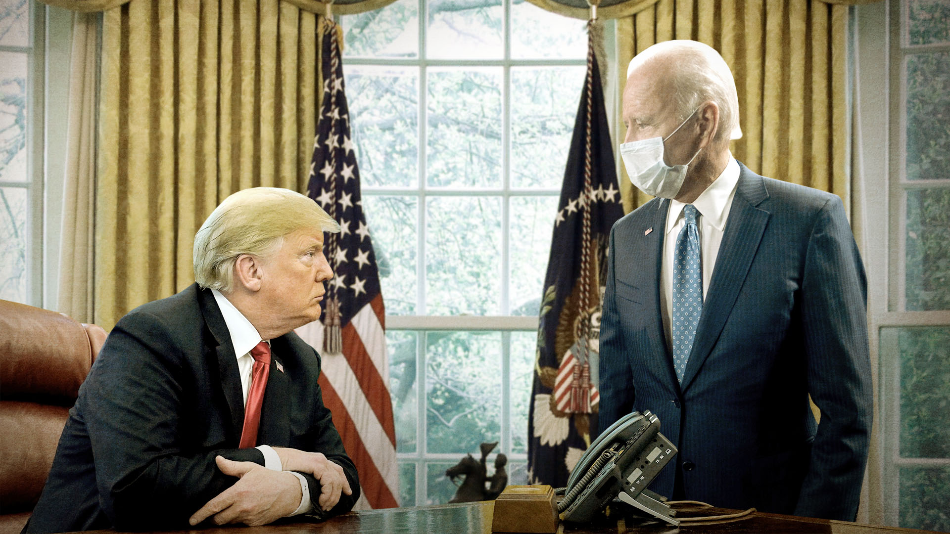 Donald Trump y Joe Biden en el Salón Oval de la Casa Blanca (Reuters / Fotomontaje de Mariano Llanes - Infobae)
