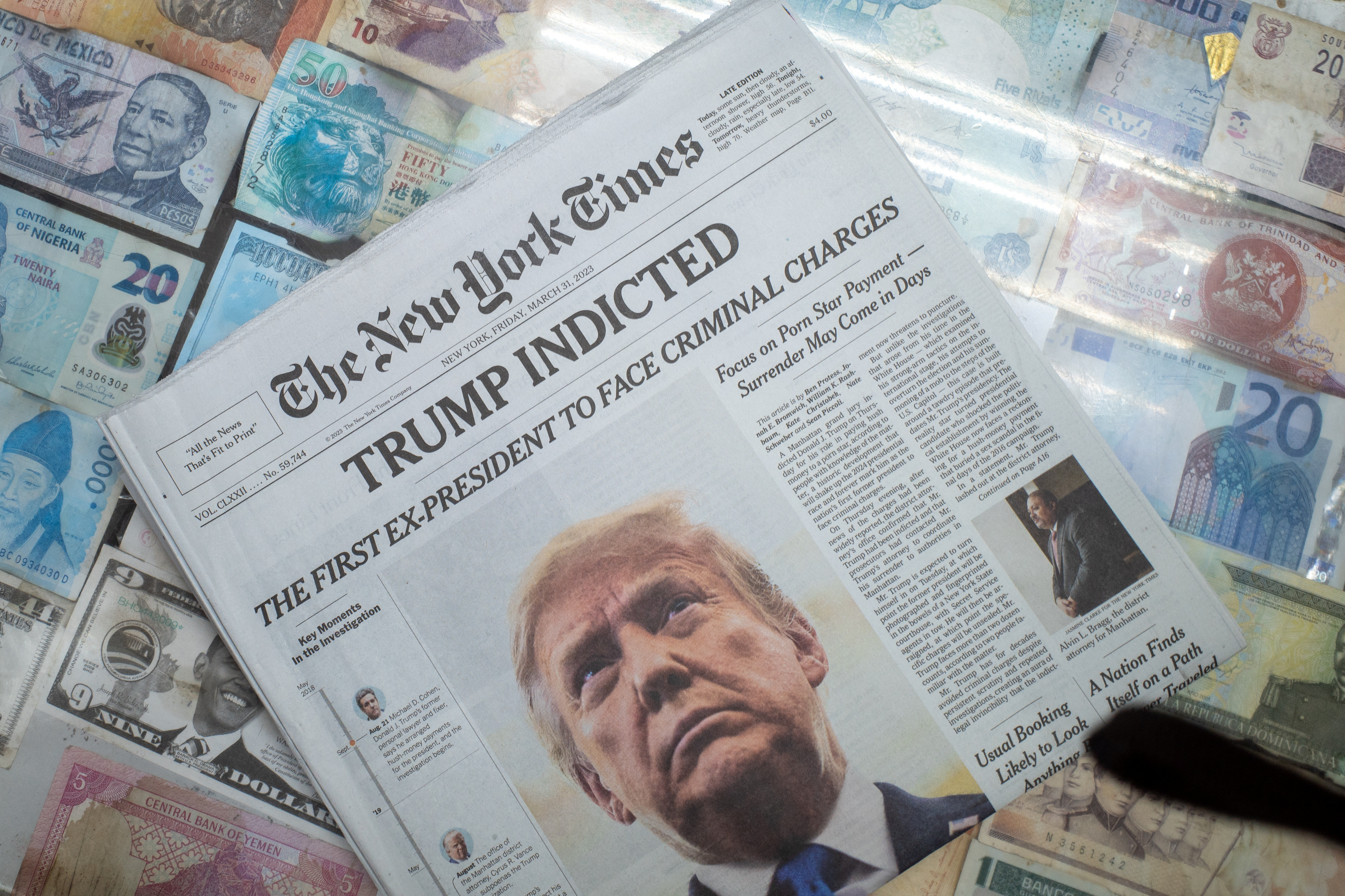 A New York Times newspaper is displayed at a newsstand following former U.S. President Donald Trump's indictment by a Manhattan grand jury following a probe into hush money paid to porn star Stormy Daniels, in New York City, U.S. March 31, 2023. REUTERS/David Dee Delgado