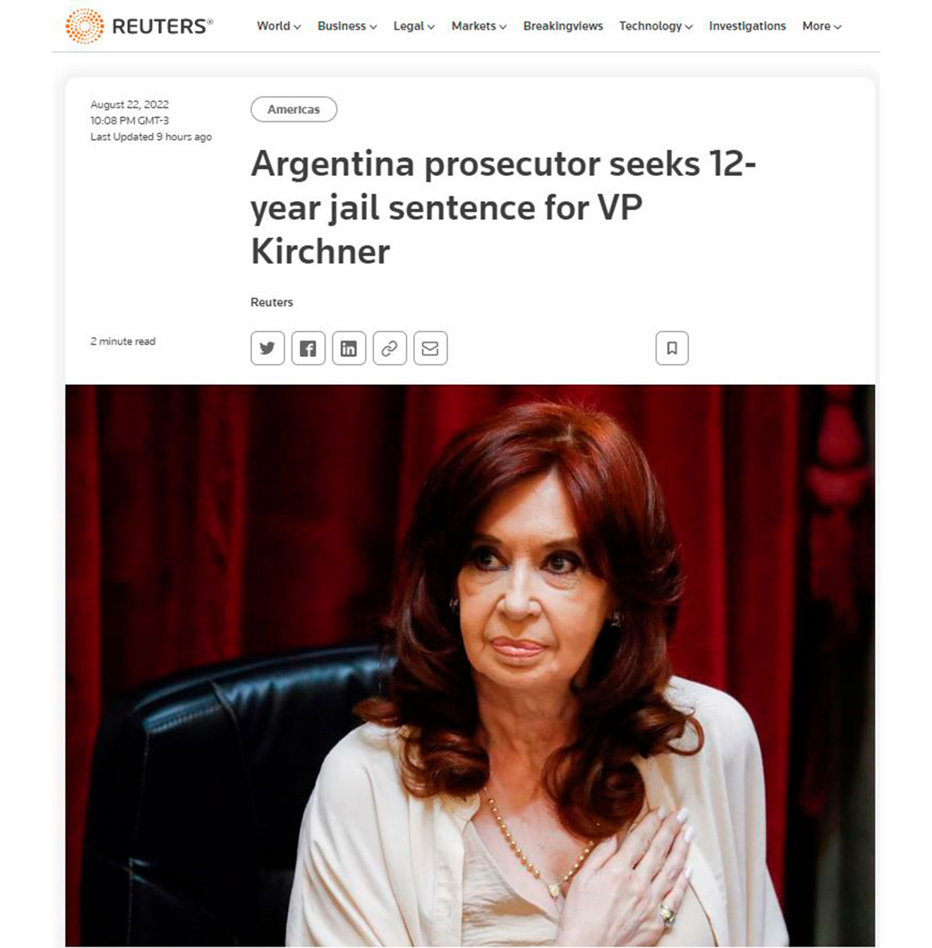"Argentina: Fiscalía pide 12 años de prisión para la vicepresidenta Fernández por presunta corrupción" (Reuters)