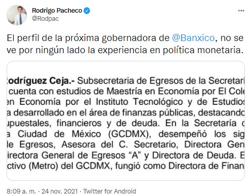 El periodista económico Rodrigo Pacheco también se manifestó al respecto (Foto: Twitter@Rodpac)