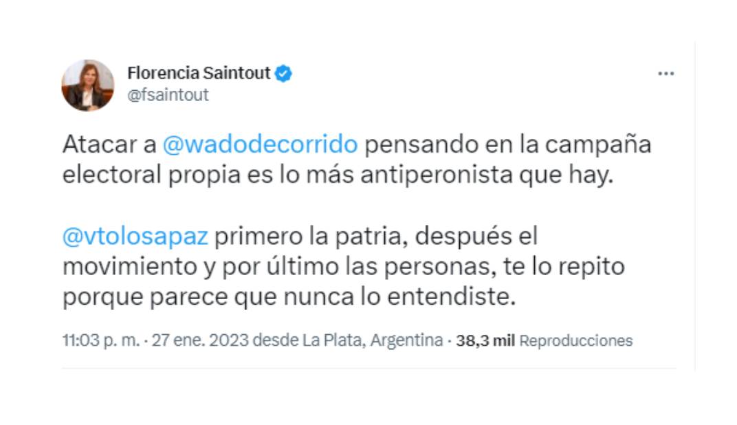 Florencia Saintout tildó a Victoria Tolosa Paz de "antiperonista" (Twitter)