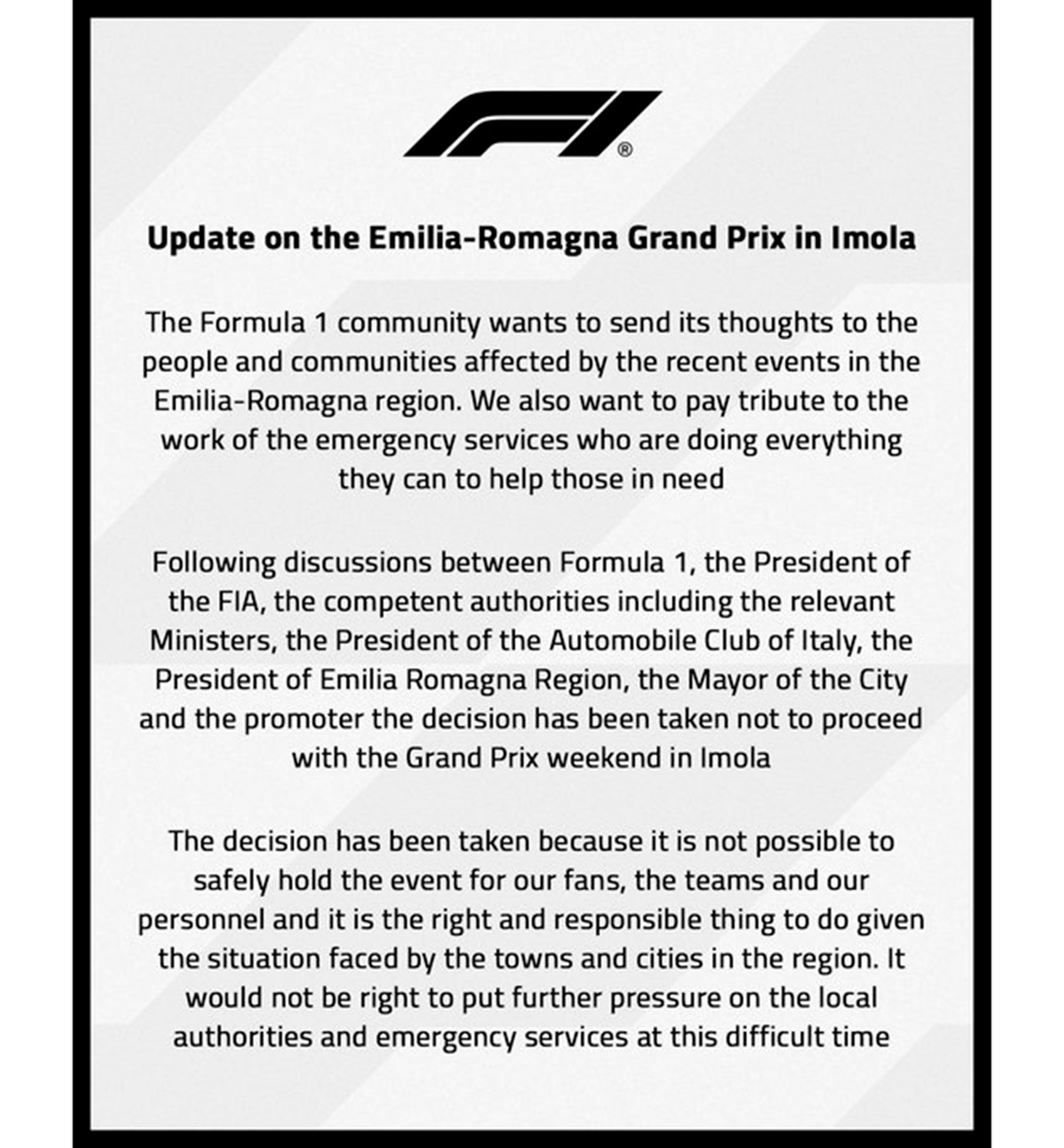 El comunicado de la Fórmula 1 sobre la cancelación del Gran Premio de Emilia Romagna.