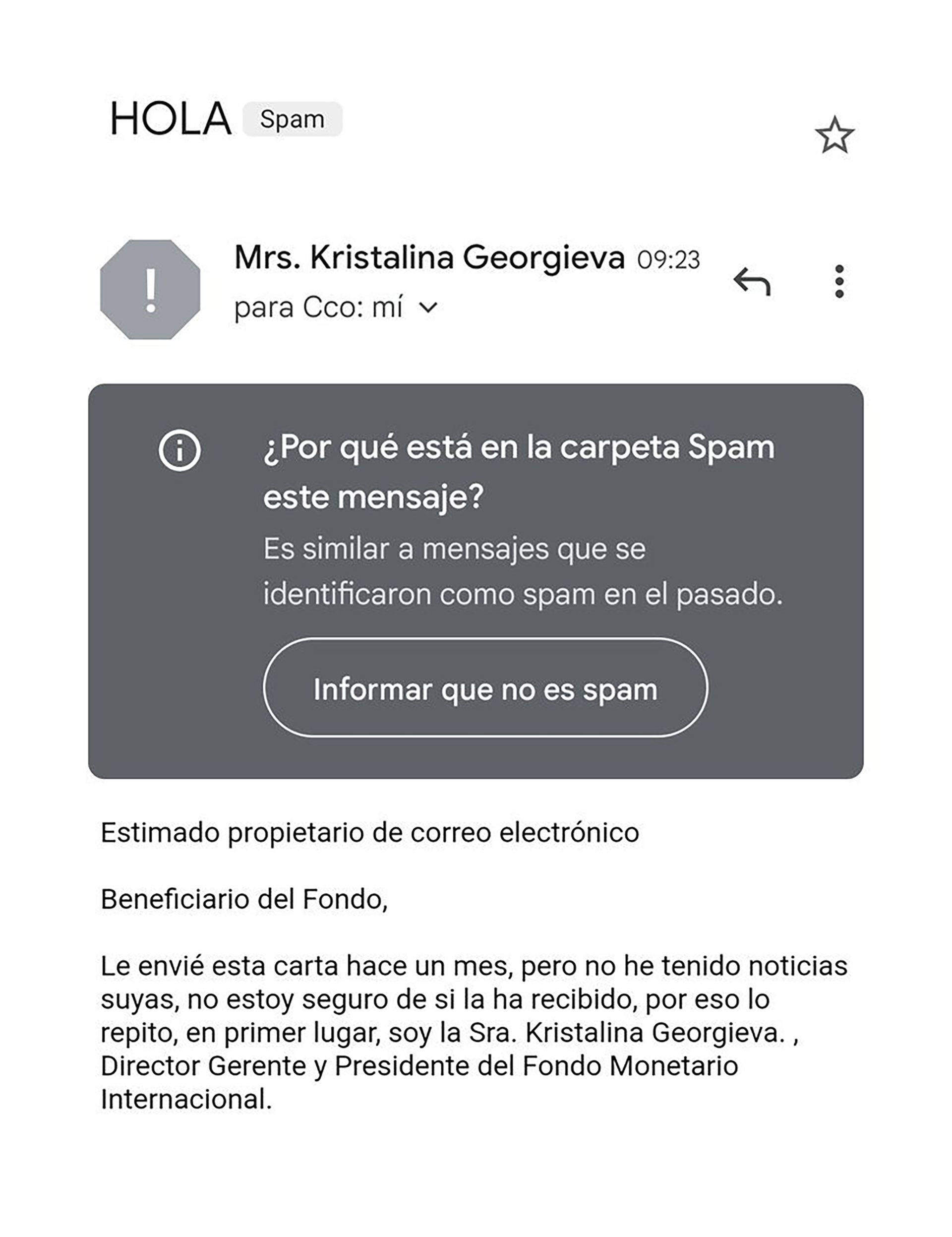 The text of the scam that invokes the IMF official