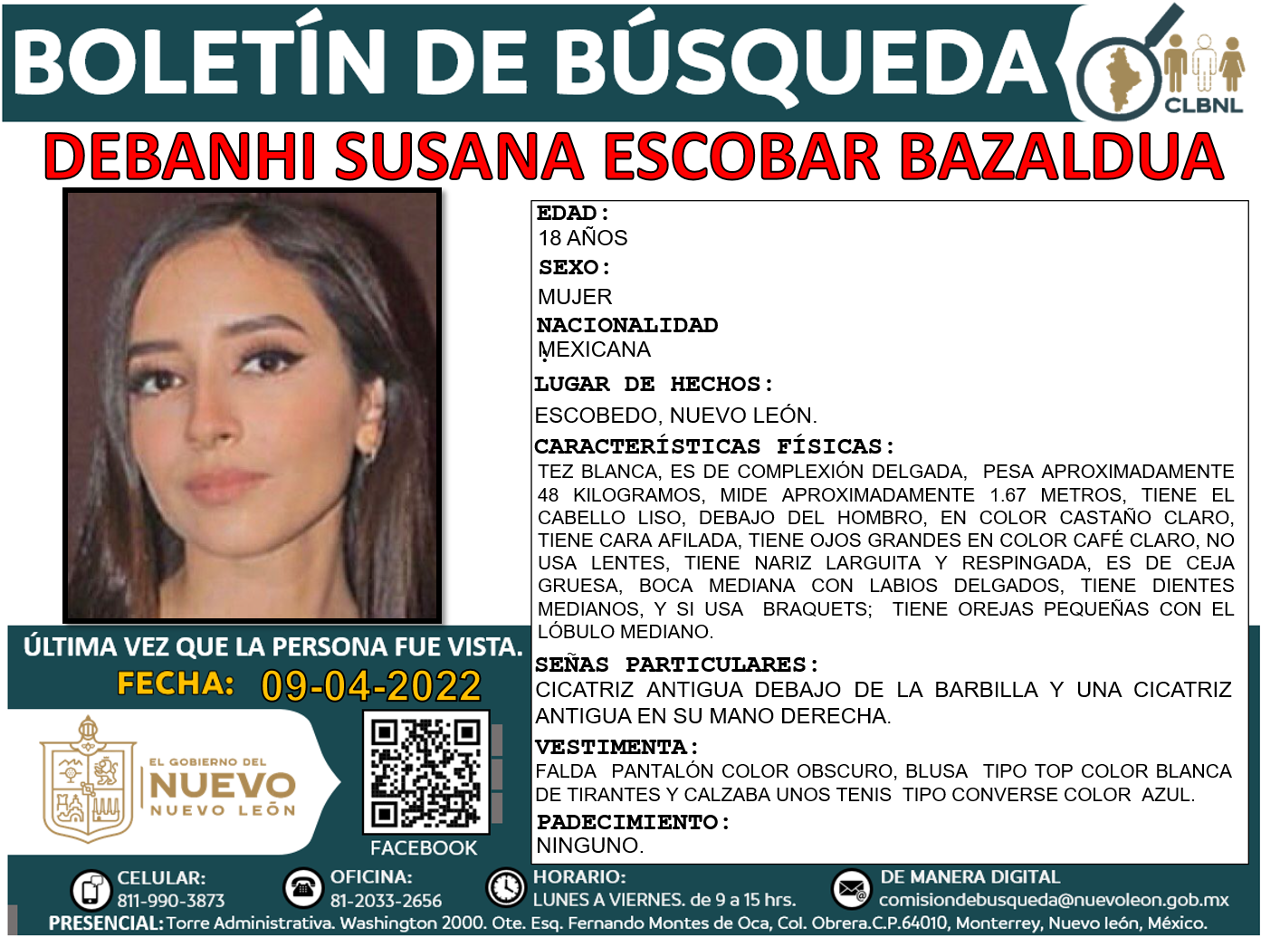 Relatives and authorities are looking for Debanhi Susana, 18, who disappeared in Nuevo León (Photo: Local Commission for the Search for Persons)
