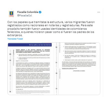 César Ricardo Giraldo Castañeda, who would be the alleged ringleader of the network.  He was appointed to coordinate the processes and procedures to obtain false documentation, as well as lead the logistics to guarantee the permanence of migrants in national territory.  @FiscaliaCol/Twitter.