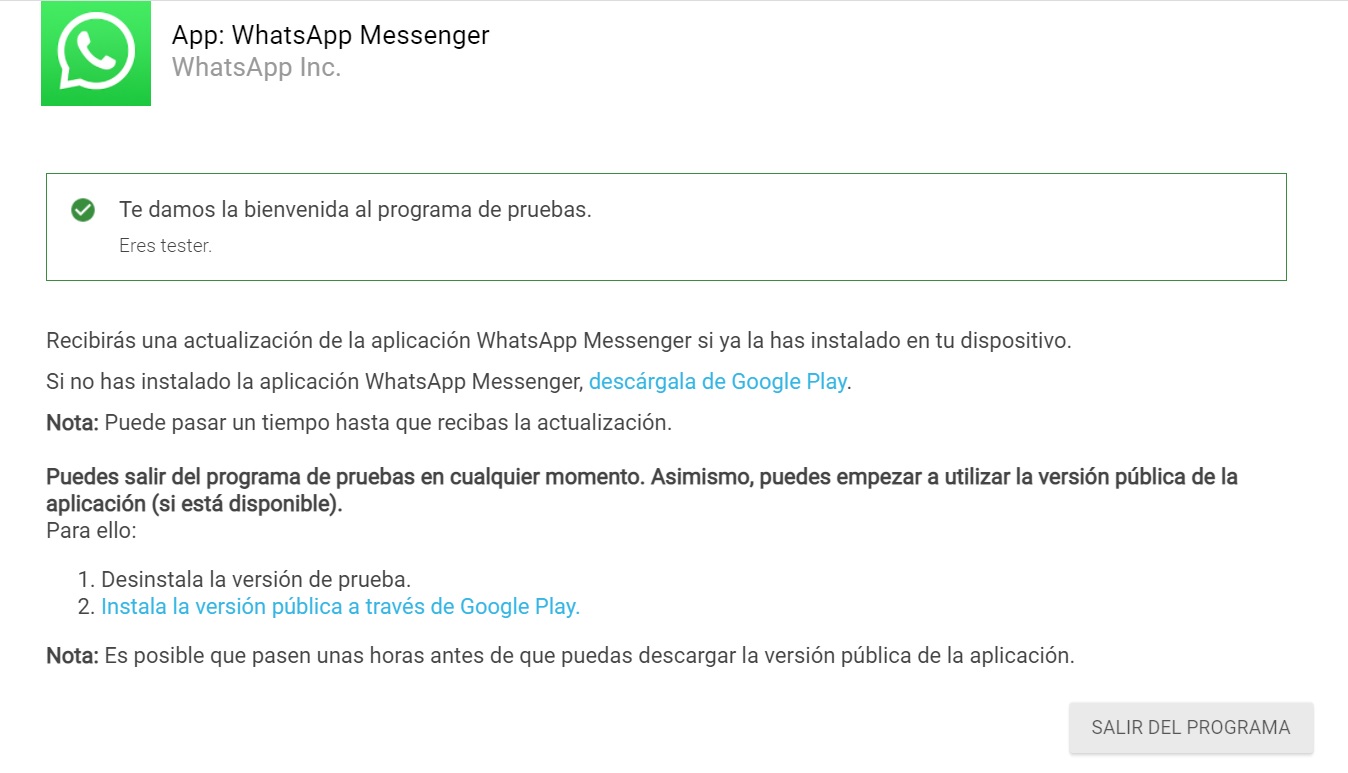 The page to enter the beta test program of WhatsApp on Android