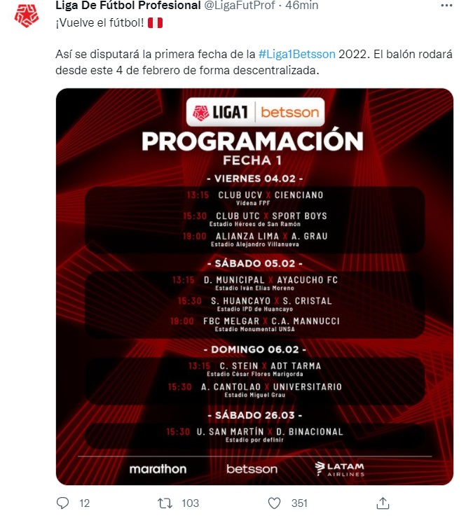 Programación de la fecha 1 de la Liga 1 2022.