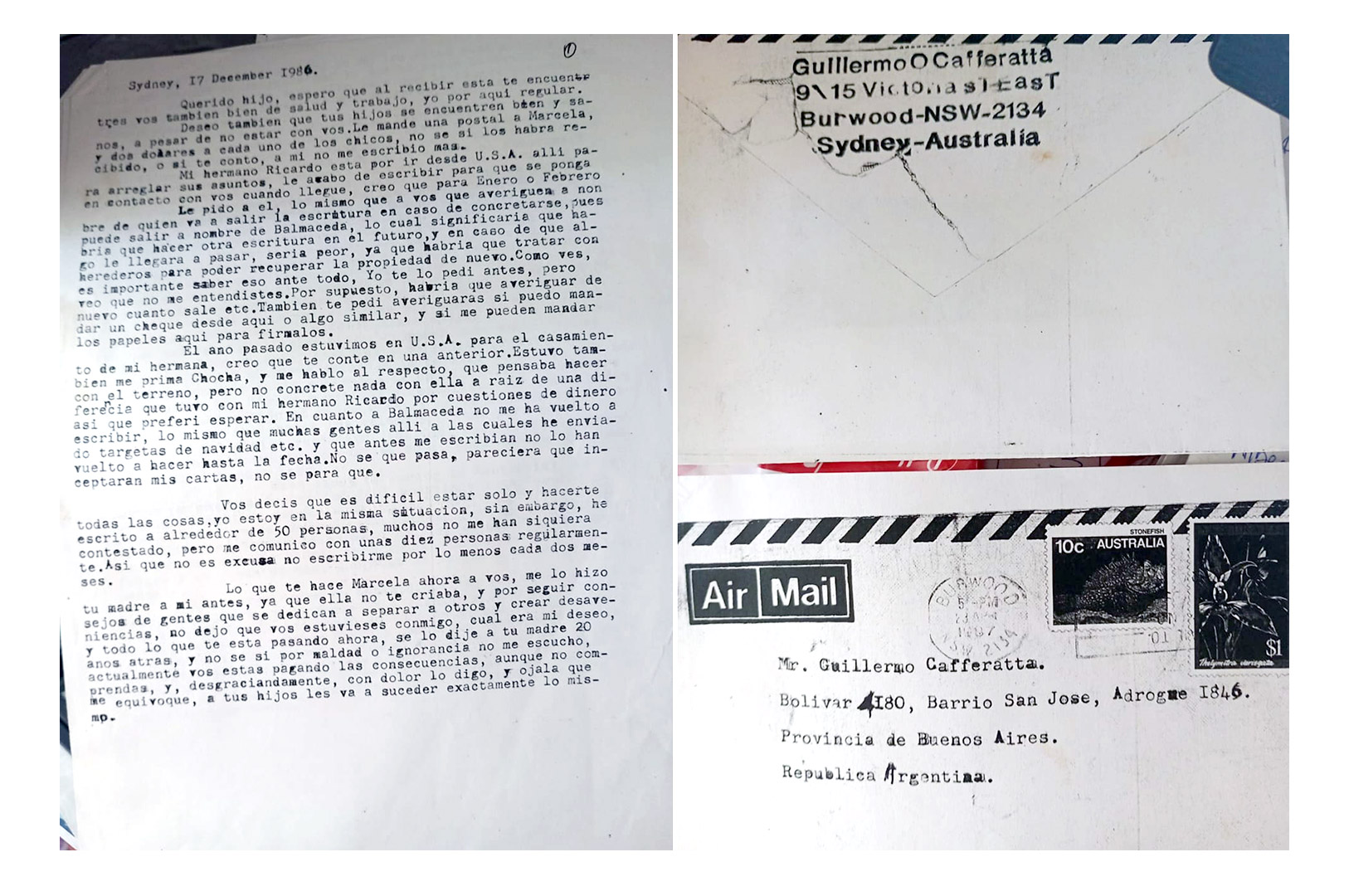 Las cartas que Omar Caferatta les envió a su hijo desde Australia el 17 de diciembre de 1986, once años después de la masacre