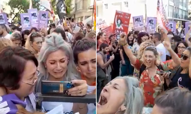 Cientos de mujeres se concentraron fuera de los tribunales de Mar del Plata y celebraron el fallo condenatorio del segundo juicio por la muerte de Lucía Pérez (captura 0223)
