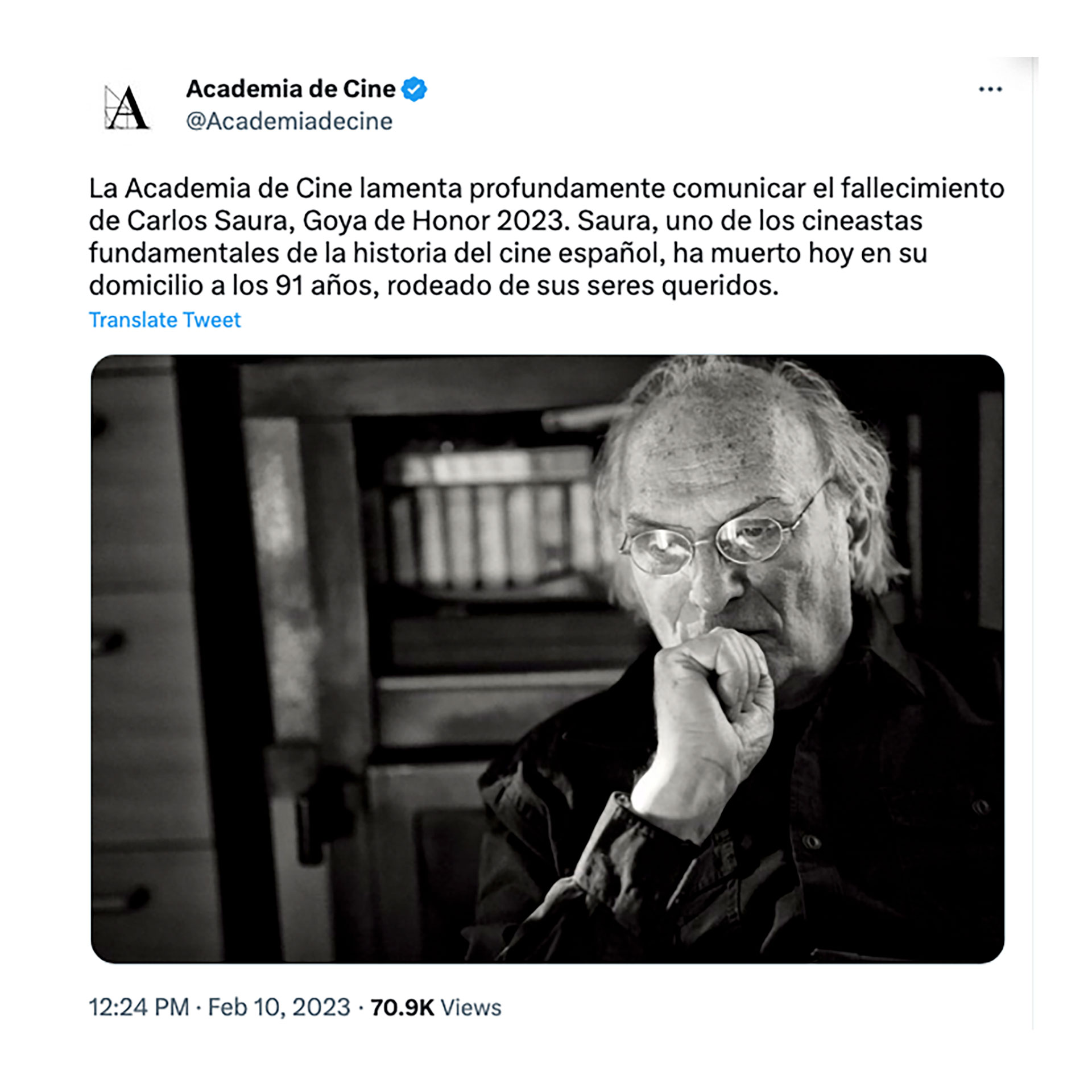 El comunicado de la Academia del Cine, que estaba a punto de entregarle un reconocimiento por la trayectoria a uno de los máximos exponentes del cine ibérico a partir de los años 60