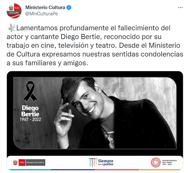 Ministerio de Cultura lamentó la muerte de Diego Bertie