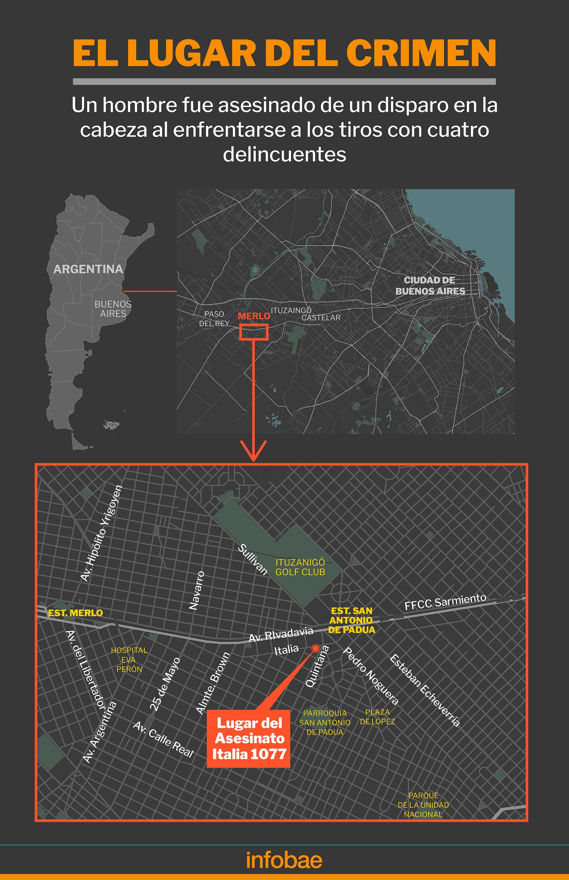 El lugar del crimen en San Antonio de Padua (Infografía: Marcelo Regalado)