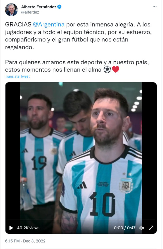 El mensaje que compartiÃƒÂ³ el presidente Alberto FernÃƒÂ¡ndez por la victoria 2-1 de Argentina contra Australia en el Mundial de Qatar 2022 