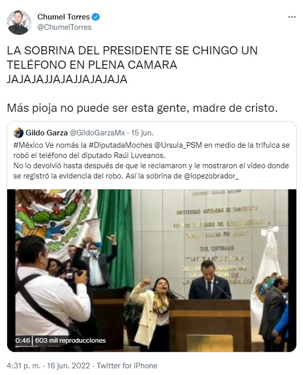 Chumel Torres se burló de la legisladora morenista (Captura: Twitter @ChumelTorres)