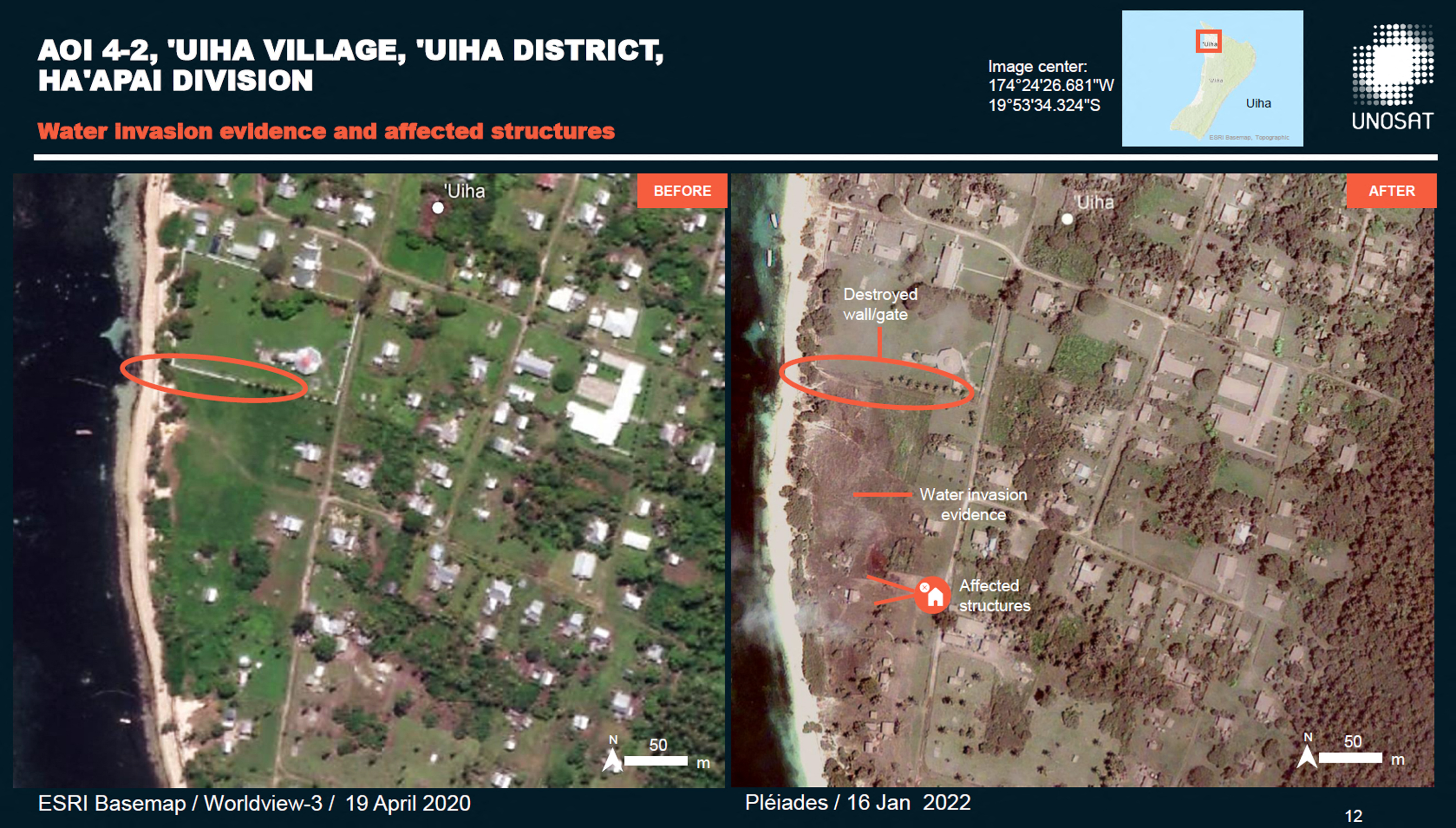 En Uhia hay registros de inundaciones y casas y rutas destruidas (AFP/ UNITAR / CNES/AIRBUS DS / ESRI BASEMAP)