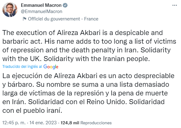 Tuit de Emmanuel Macron tras conocerse la ejecución de Akbari