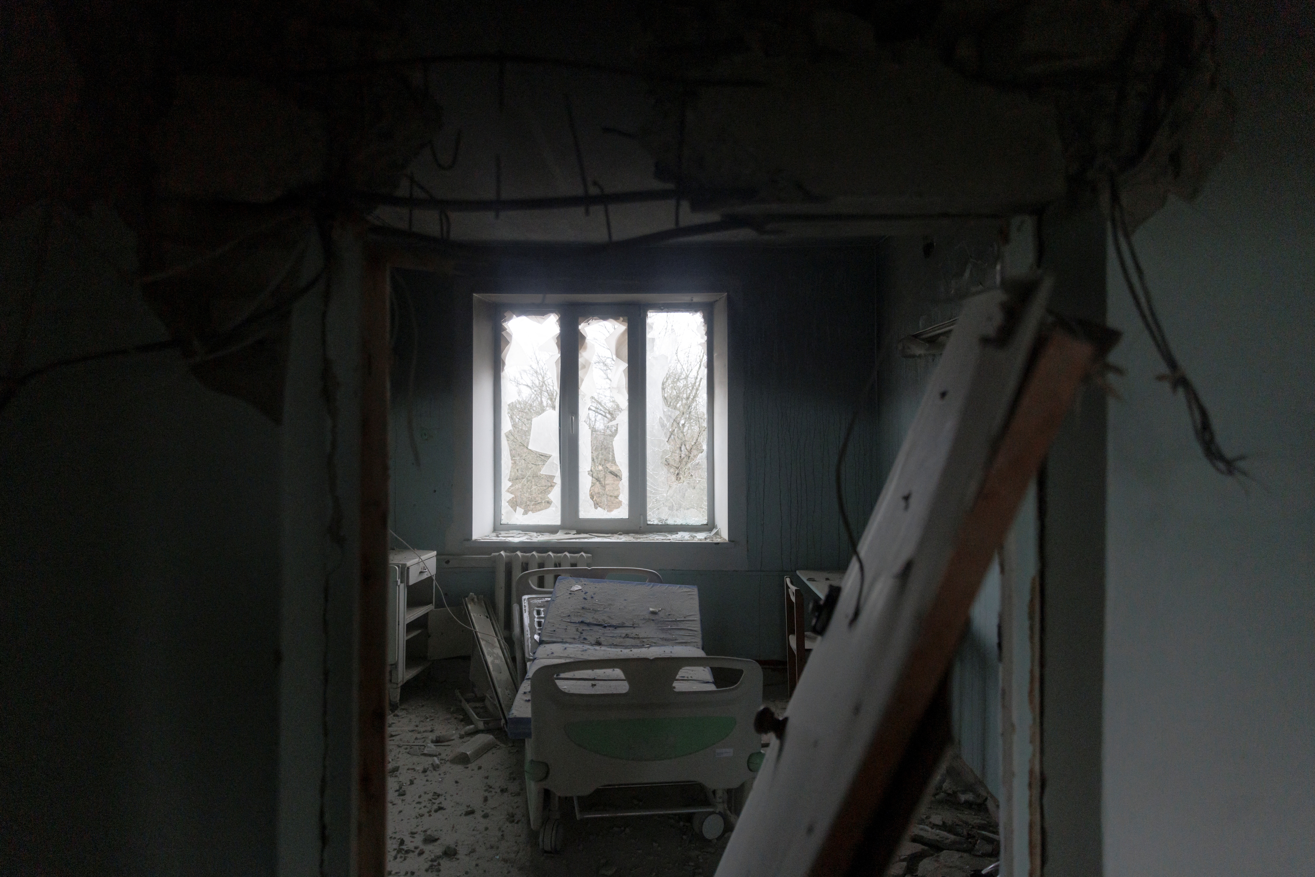 A damaged ward is seen in a hospital in Trostyanets which staff said Russian troops attacked with tanks during their occupation of the town