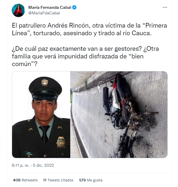 María Fernanda Cabal recordó este y otros casos en medio del anuncio del presidente Petro de liberar a detenidos en manifestaciones.
Vía Twitter (@MariaFdaCabal)