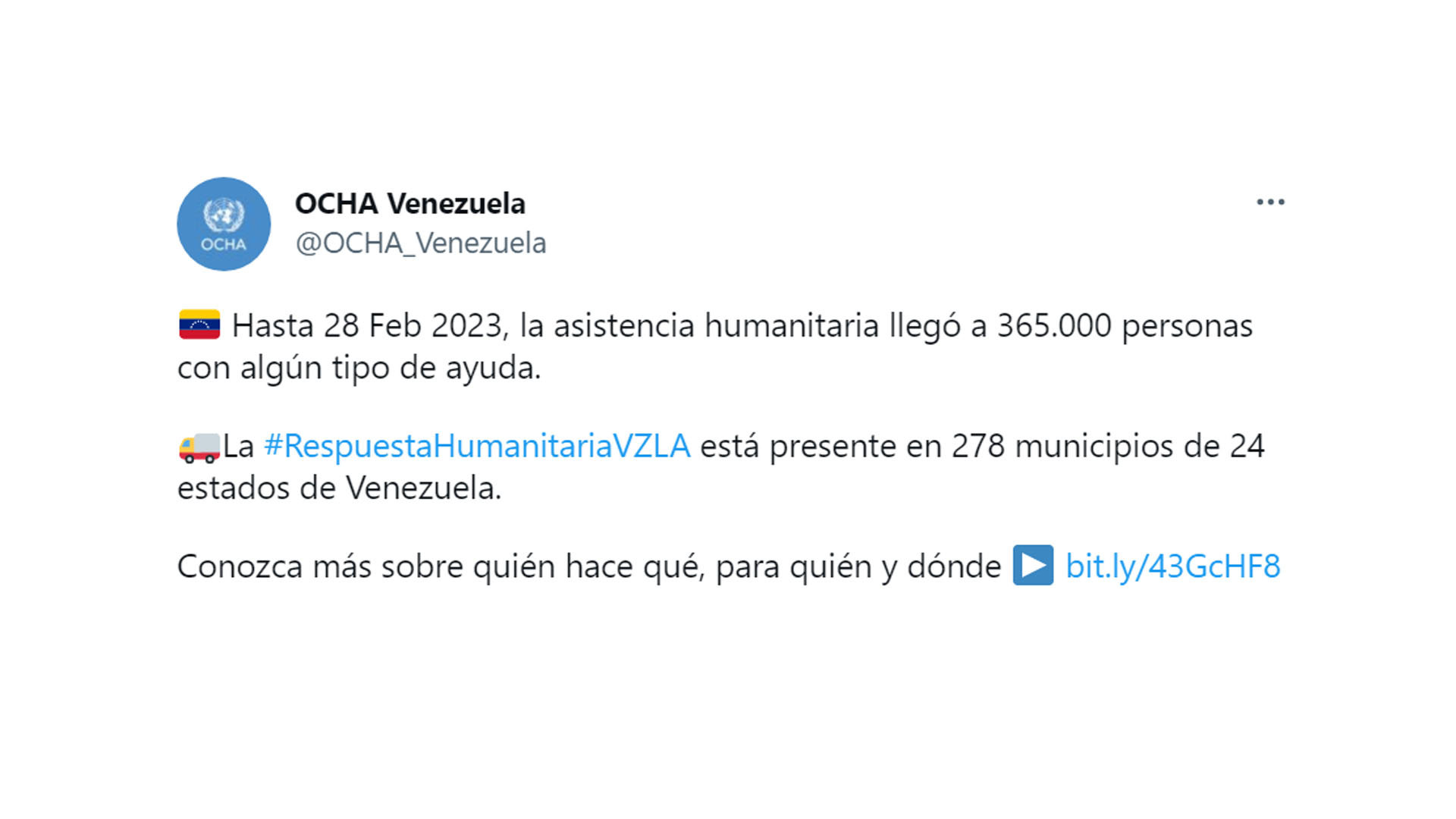 El mensaje de la Oficina de Coordinación de Asuntos Humanitarios en Twitter