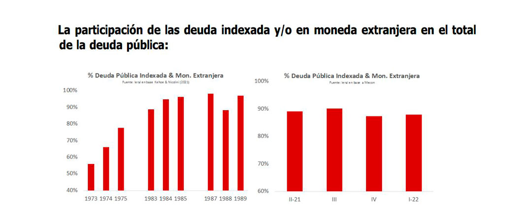 Otro de los indicadores relevados fue la participaciÃ³n de deuda indexada o en dÃ³lares respecto de la deuda total