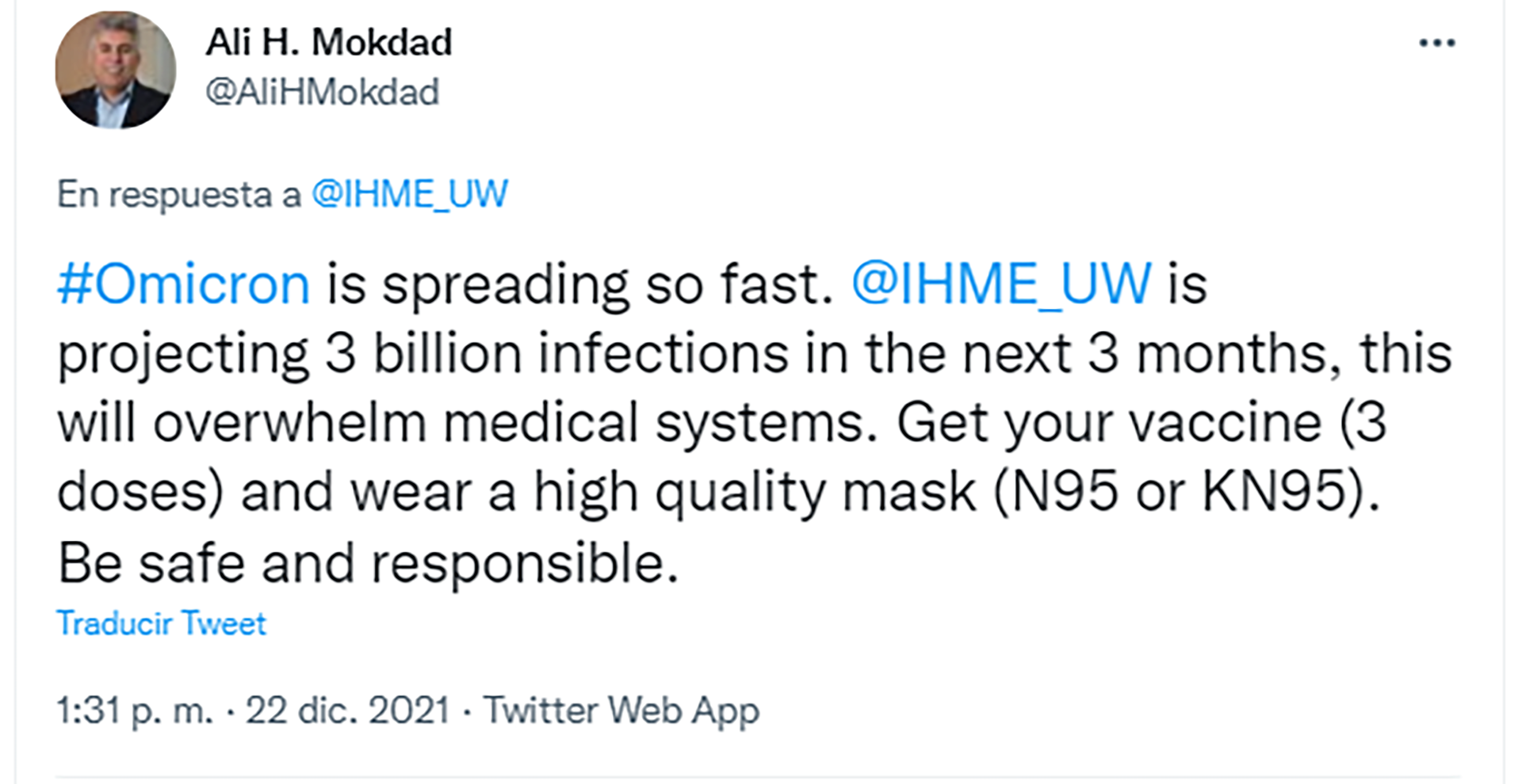 El doctor Mokdad difundió la proyección de la pandemia en Twitter