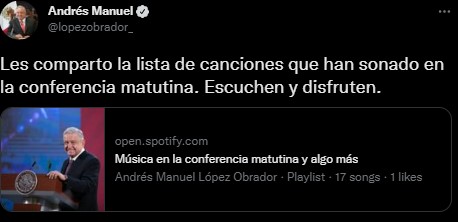 AMLO difundió su playlist por Twitter (Foto: Twitter/@lopezobrador_)