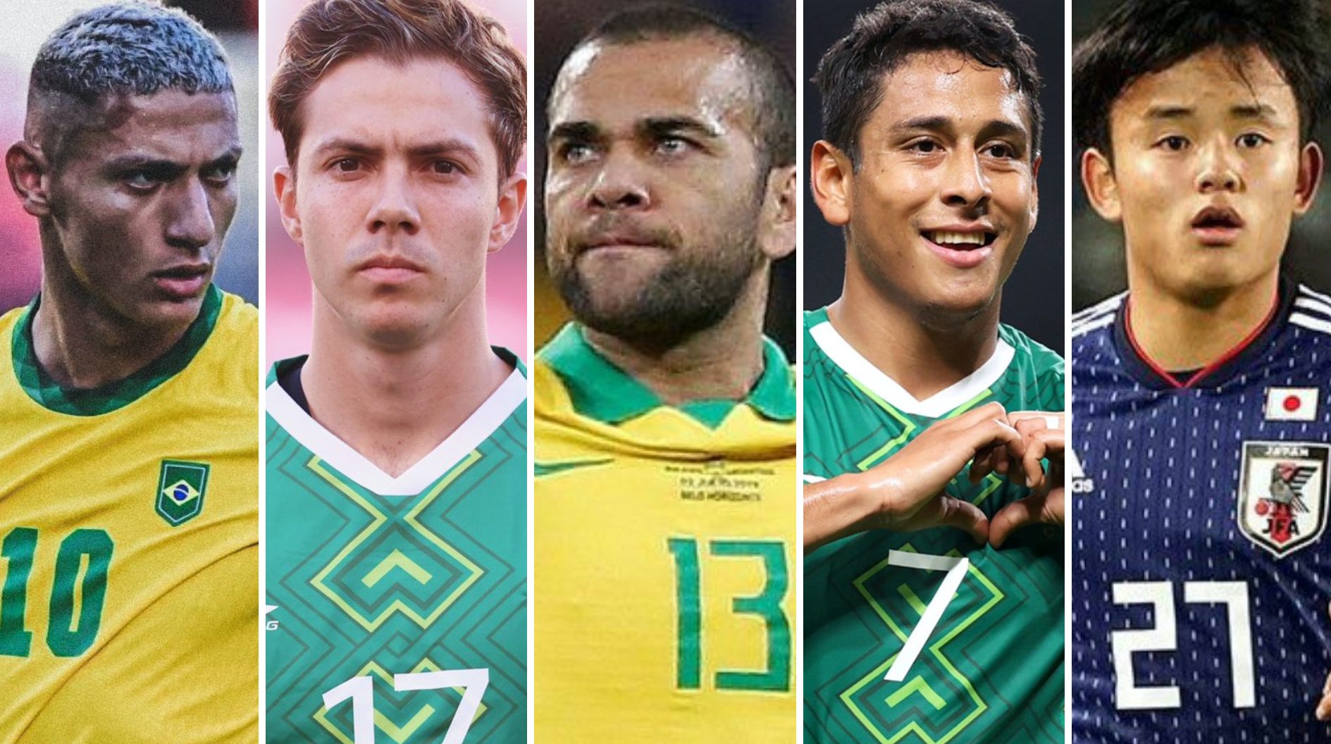 Richarlison, Sebastián Córdova, Luis Romo, Dani Alves y Takefusa Kubo son algunos de los jugadores de fútbol más destacados en los Juegos Olímpicos de Tokio 2020 (Foto: Twitter@ZhenProno/@2010MisterChip/@SoyFan10/@richarlison97)
