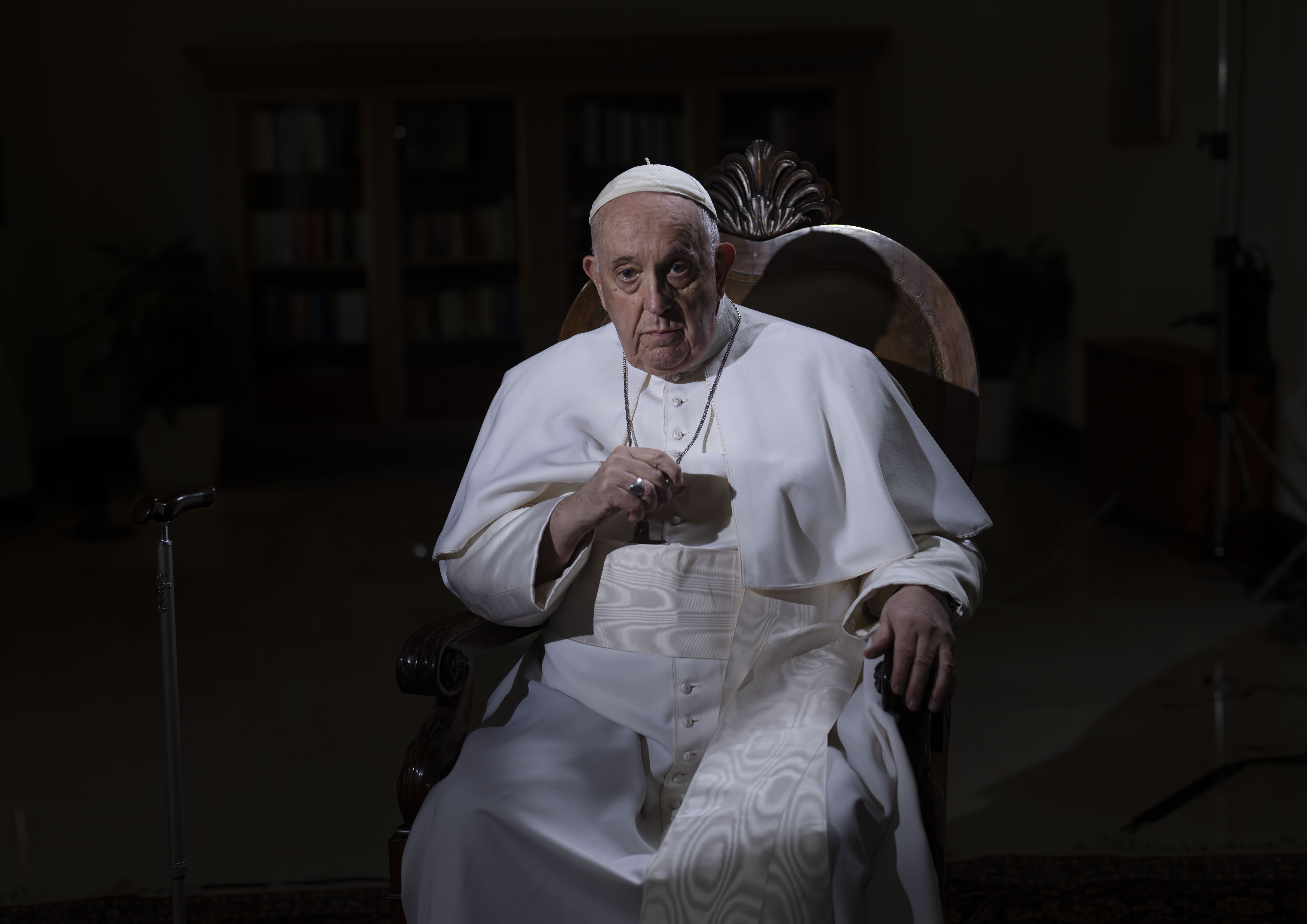 Pope Francis pauses during an interview with The Associated Press at the Vatican, Tuesday, Jan. 24, 2023. (AP Photo/Domenico Stinellis)
