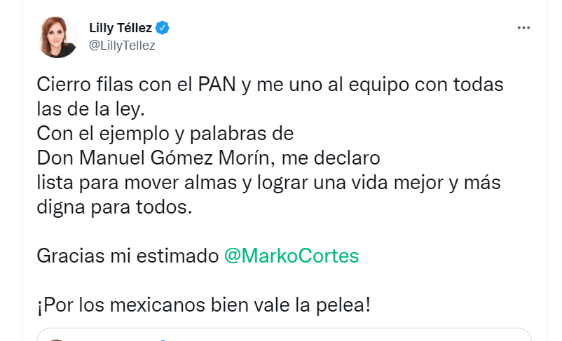 Lilly Téllez agaradeció a Marko Cortés por sus palabras de bienvenida al PAN y recordó a Manuel García Morín (Foto: Twitter/@LillyTellez)