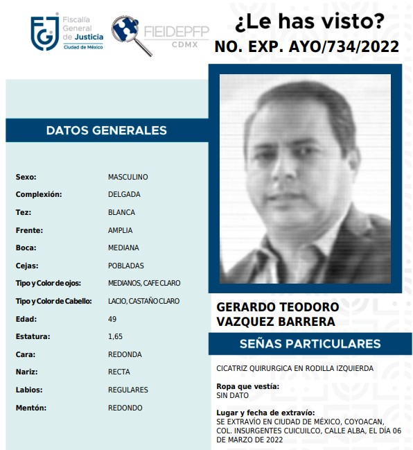 Ficha de búsqueda de Gerardo Teodoro Vázquez Barrera, alias 'El Gerry', emitida por la Fiscalía General de Justicia de la CDMX. (Imagen: FGJCDMX)