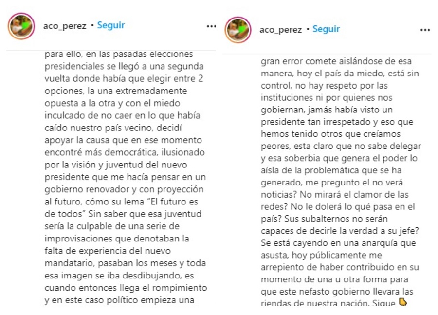 Post en Instagram de Aco Pérez. .Foto: Instagram @aco_perez
