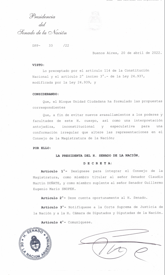 La carta de designación del senador Doñate