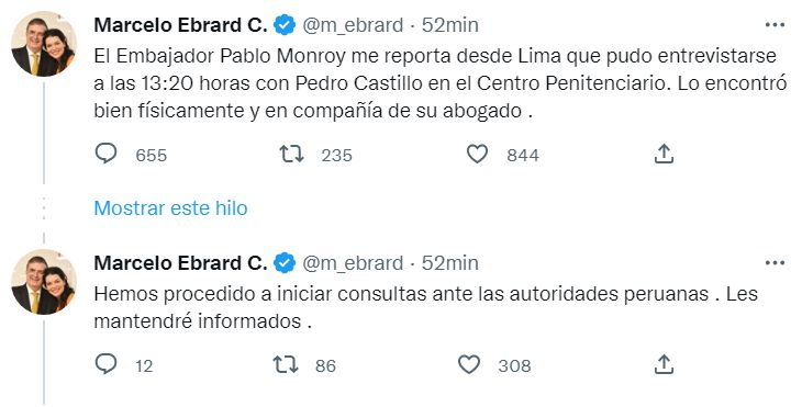 Marcelo Ebrard dio a conocer pedido de asilo de Pedro Castillo