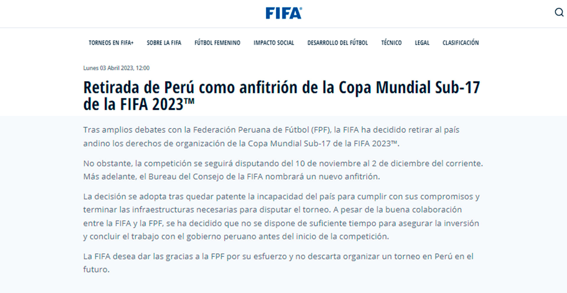 El comunicado oficial de la FIFA (Foto: Captura)
