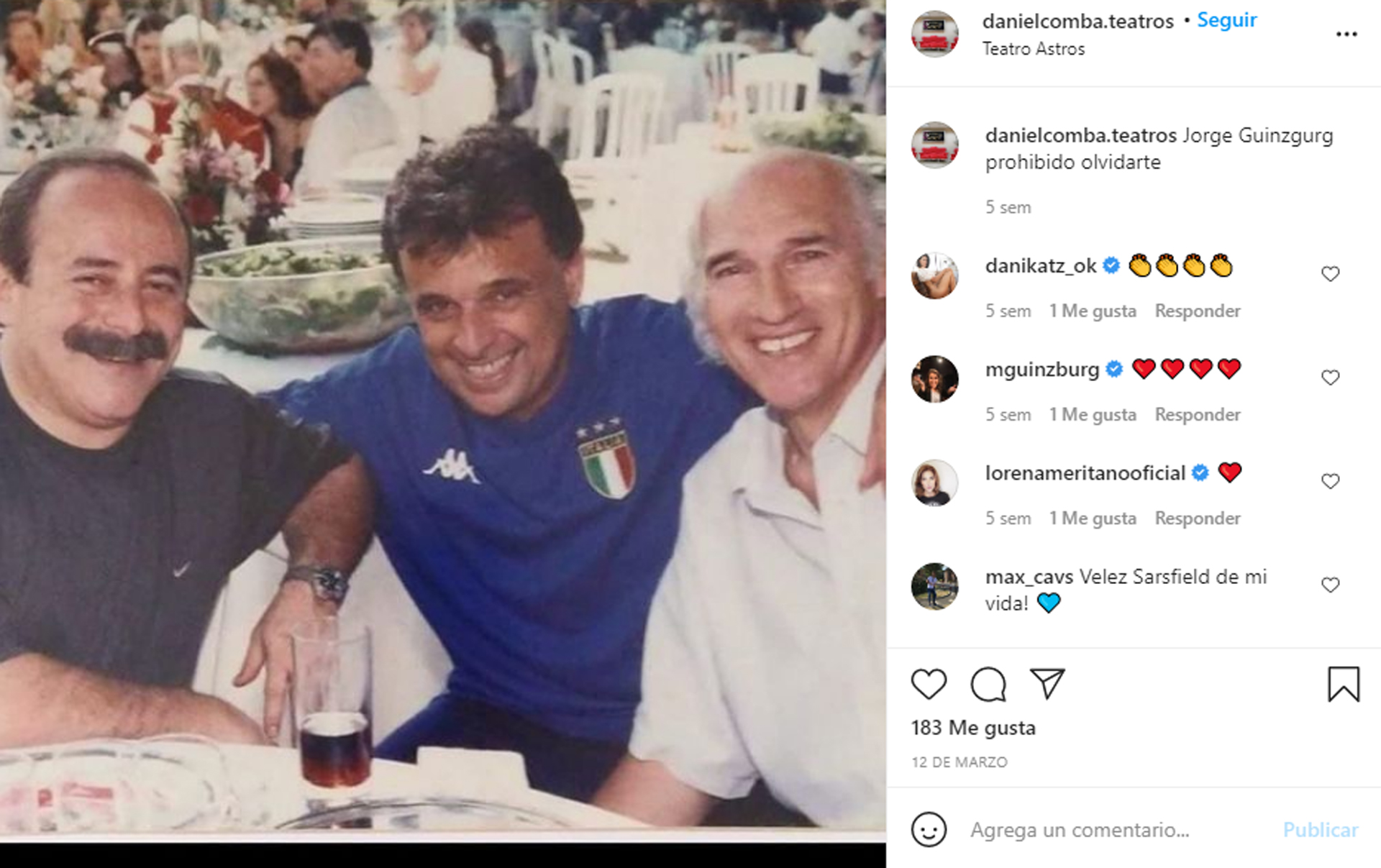 El último posteo de Daniel Comba en su Instagram, junto a sus amigos Jorge Guinzburg y Carlos Bianchi (Foto: Instagram @danielcomba.teatros)